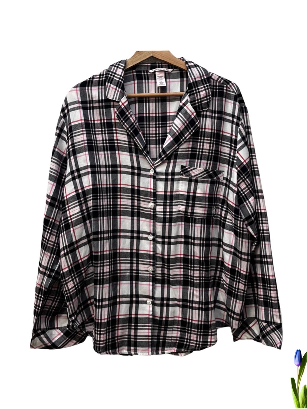 Victoria's Secret Black, White & Pink Plaid Button-Front Pajama Top